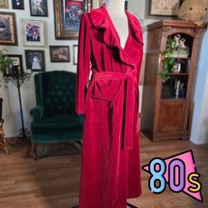 Vintage 80s Diamond Tea Red Velvet Robe Ruffle Collar‎ Long Dress Gown Robe